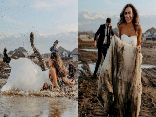 Noivos viralizam ao cair em lama durante ensaio para lbum de casamento