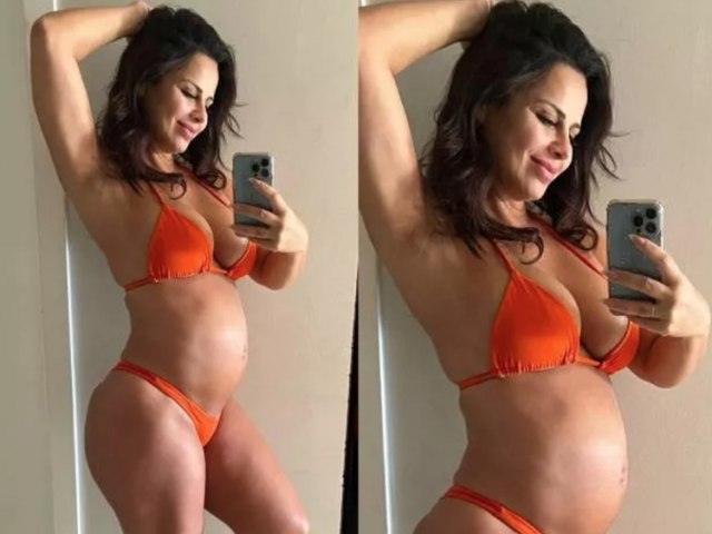 De biquni, Viviane Arajo mostra crescimento da barriga aos 7 meses de gravidez