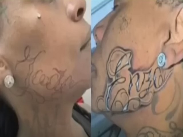 Pepê, da dupla com Neném, faz tatuagem enorme no rosto com nome dos filhos