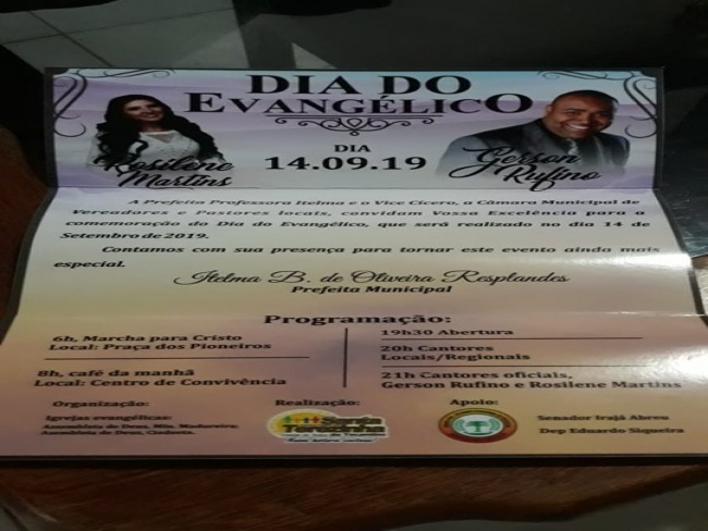 Prefeitura Municipal de Santa Terezinha do Tocantins convida a todos para participar do Dia do Evanglico