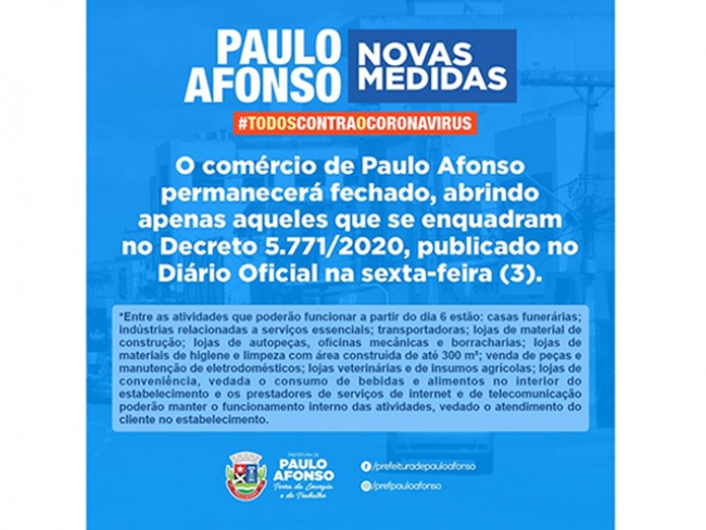 Comércio de Paulo Afonso permanecerá fechado, abrindo apenas aqueles que se enquadram no Decreto 5.771/2020