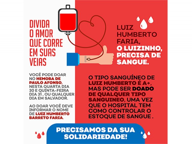 Campanha pede doação de sangue para Luizinho Secretario de Saúde de Paulo Afonso