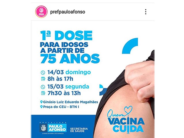 Começa nesse domingo a vacinação para maiores de 75 anos em Paulo Afonso