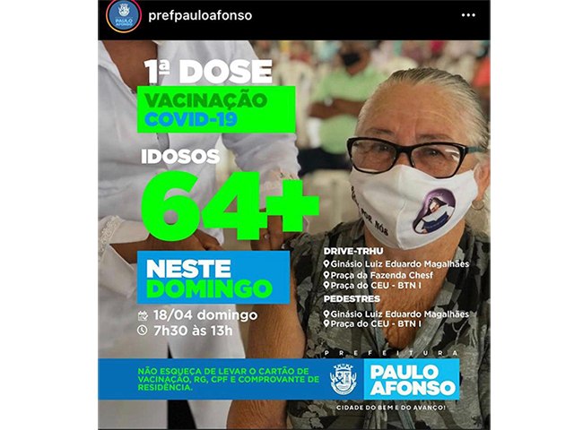 Será nesse domingo, 18 de abril, a vacinação da 1ª dose de idosos de 64 anos ou mais em Paulo Afonso