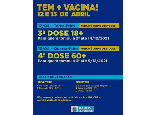 Paulo Afonso inicia a vacinação da 4ª dose para pessoas 60+ nesta quarta (13)