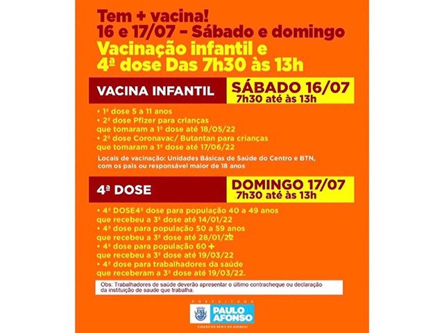 Vacinao infantil e 4 dose contra a Covid acontecem neste sbado (16) e domingo (17)