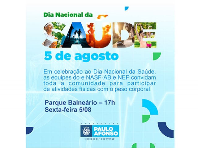 Dia Nacional da Saúde será celebrado com atividades no Parque Balneário nesta sexta-feira (5)
