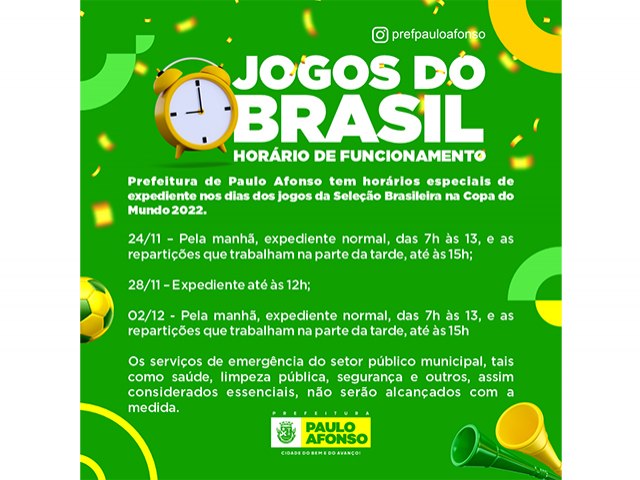 Prefeitura ter horrio especial de funcionamento durante os jogos do Brasil na Copa