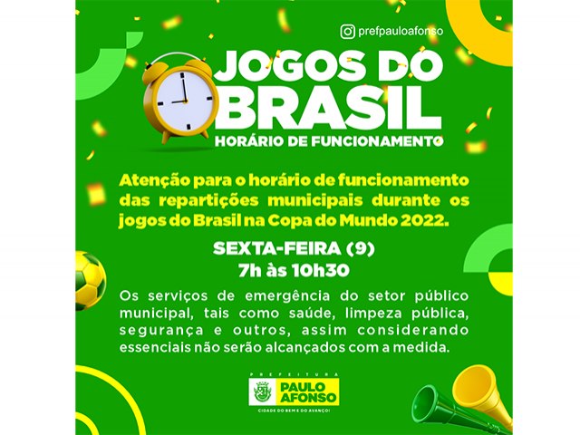 Horrio de funcionamento da Prefeitura ser at s 10h30 na sexta (9) devido a jogo do Brasil