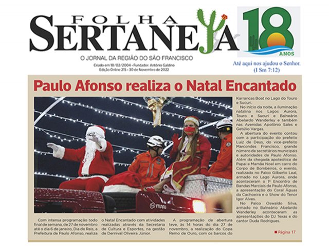 Jornal Folha Sertaneja Edio N 215 chegou. A Edio 216 vai circular no dia 26 de Dezembro para divulgar suas mensagens de Boas Festas e Ano Novo!