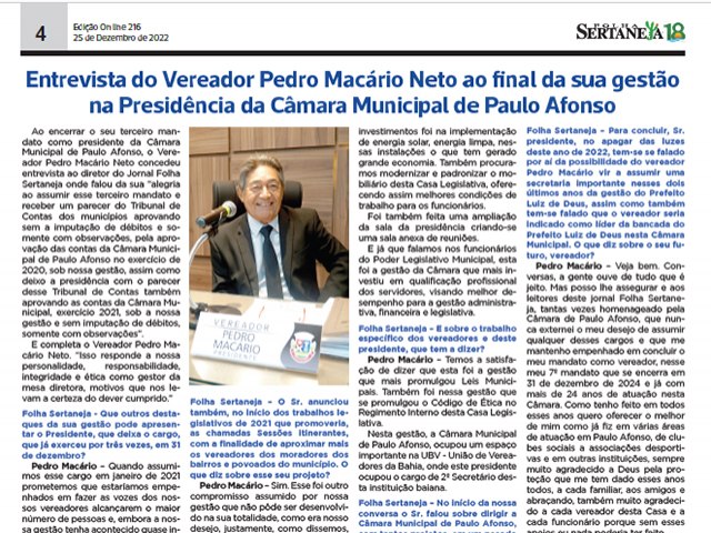 DESTAQUE DO JORNAL FOLHA SERTANEJA - Entrevista do Vereador Pedro Macrio Neto ao final da sua gesto na Presidncia da Cmara Municipal de Paulo Afonso 