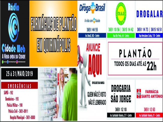 As Farmácias de Plantão em Quirinópolis até as 22 horas.