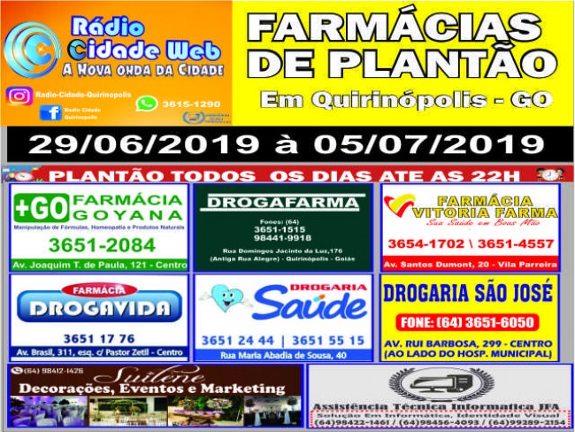 As Farmácias de Plantão em Quirinópolis até as 22 horas.