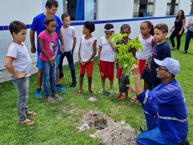 Prefeitura e EMBASA levam ao ambiental com plantio de mudas nativas e frutferas a Escola Ismar Teixeira Guedes em Mucuri