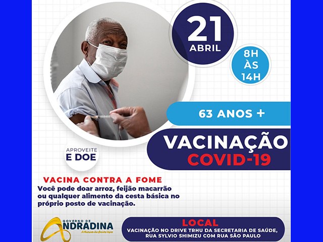 Andradina vai vacinar pessoas com 63 anos ou mais a partir desta quarta-feira