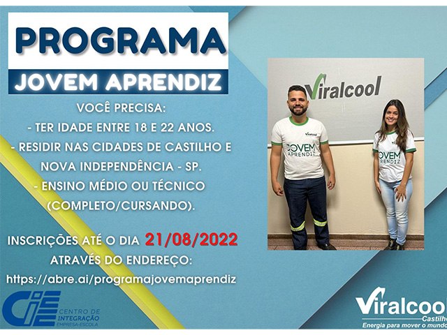 Viralcool abre novas oportunidades para Jovem aprendiz de Castilho e Nova Independência