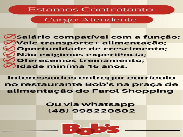 Vagas abertas no Bobs