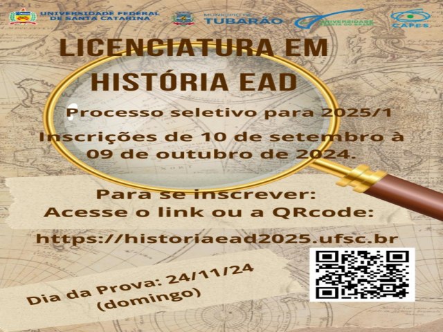 Abertas inscries do processo seletivo para graduao gratuita em Histria no polo de Tubaro