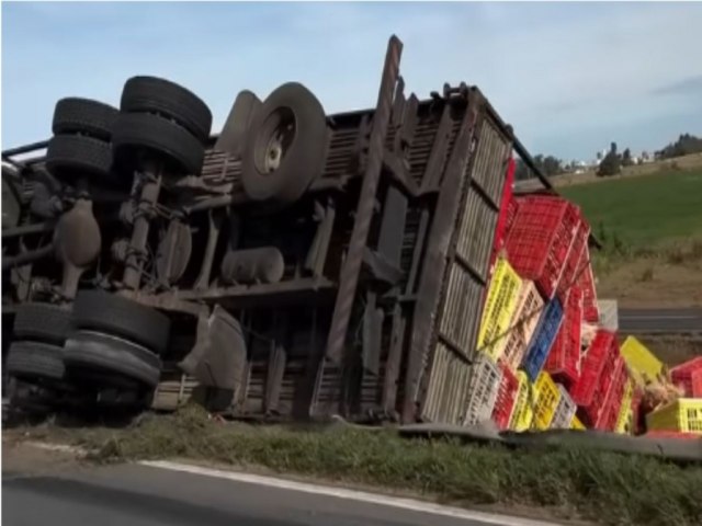 Caminhão carregado de galinhas tomba na rodovia Ivane Fretta em Tubarão Caminhão carregado de galinhas tomba na rodovia Ivane Fretta em Tubarão