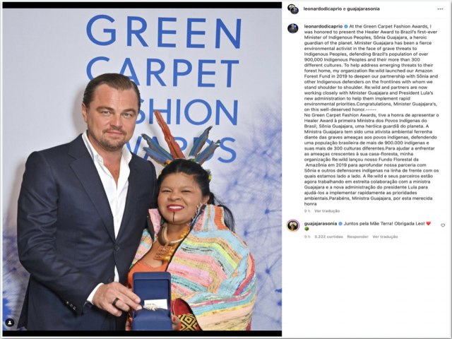 Sonia Guajajara recebe prmio de Leonardo DiCaprio por defesa dos povos indgenas