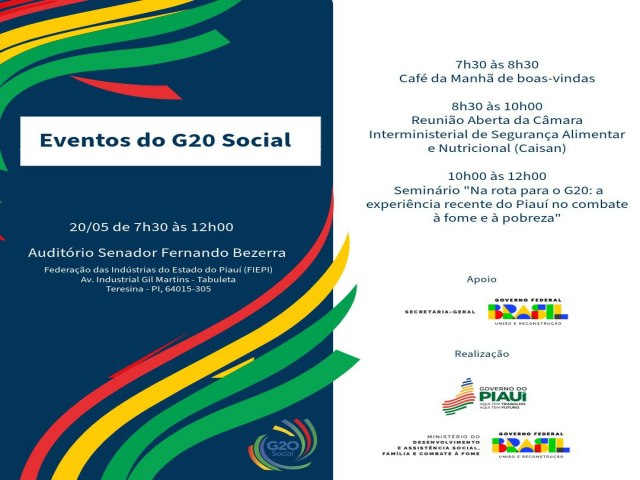 G20 social acontece em Teresina nesta segunda-feira com pesquisa sobre desenvolvimento do PI