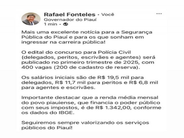 Governador anuncia concurso para Polcia Civil do Piau com 400 vagas no primeiro trimestre de 2025