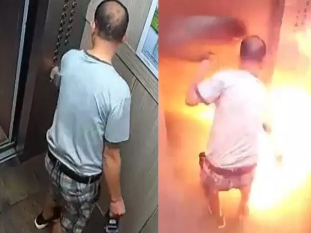 Bateria de bicicleta explode e homem  engolido pelo fogo dentro de elevador