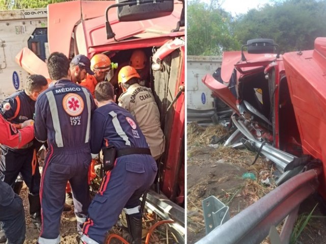 Mulher fica presa em ferragens aps acidente de caminho na BR-222, em Tiangu