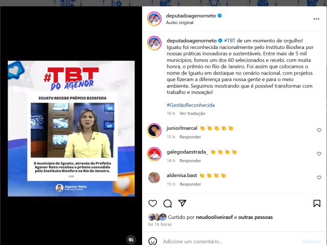 Deputado Agenor Neto celebra reconhecimento nacional de Iguatu em TBT nas redes sociais