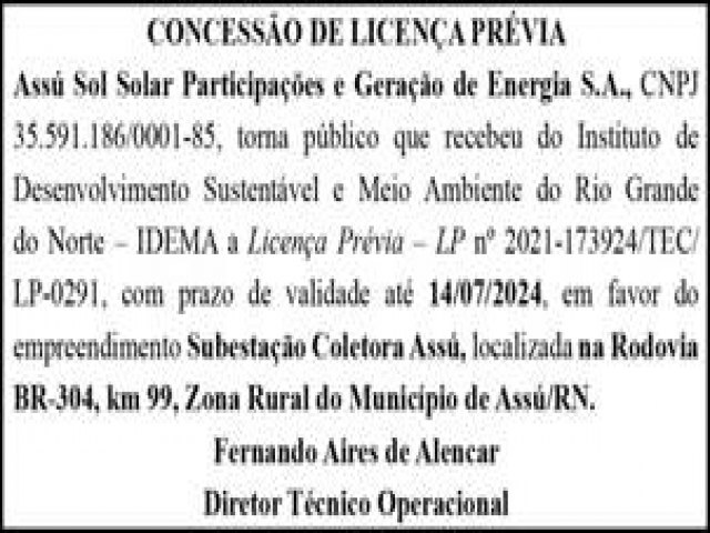 Empresa de gerao de energia solar recebe LP do Idema/RN para operar subestao coletora em Ass