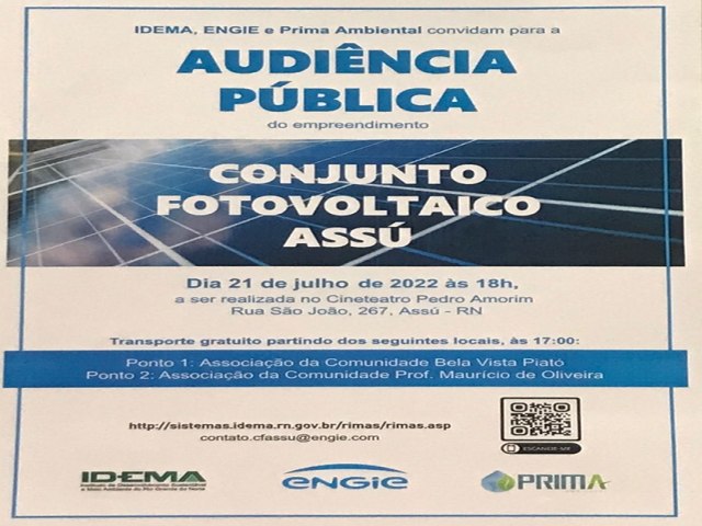 Idema/RN: Conjunto Fotovoltaico Ass  tema de Audincia Pblica que ocorrer dia 21