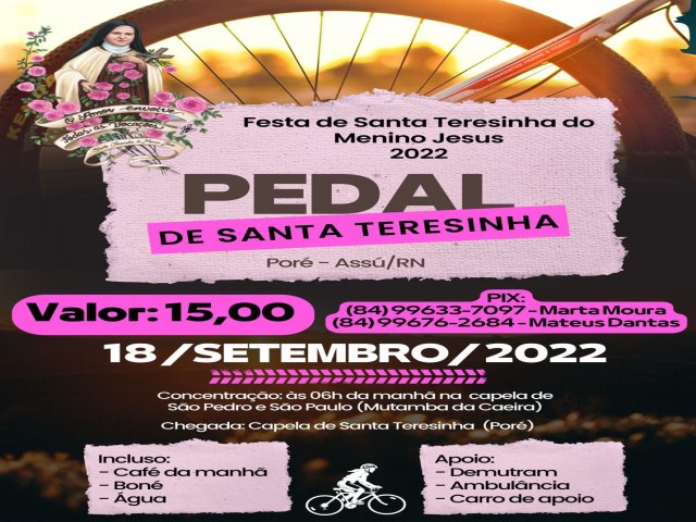  Pedal de Santa Teresinha ser realizado dia 18 deste ms no Por