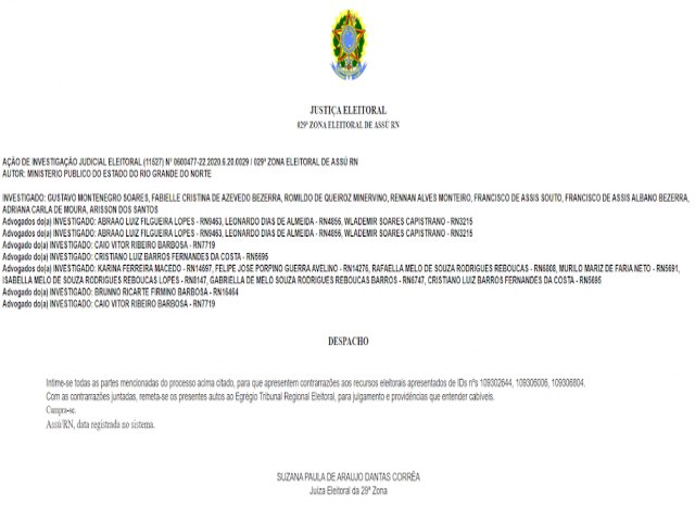 Juza eleitoral determina envio de autos do processo de cassao de Gustavo e Fabielle para julgamento e providncias do TRE/RN 