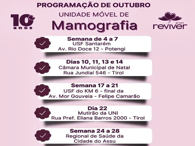 Unidade Mvel de Mamografia do Grupo Reviver estar em Ass a partir do dia 24 de outubro 