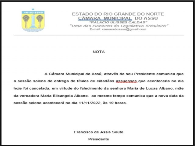 Sesso Solene de entrega de ttulos de cidadania assuense que aconteceria nesta quarta-feira  remarcada para 11 de novembro 