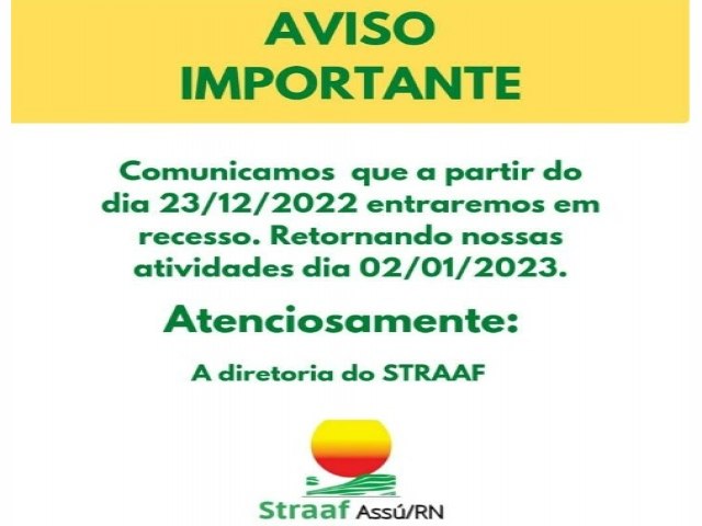 Recesso: Entidade sindical rural de Ass suspende atividades de 23 de dezembro a 02 de janeiro 