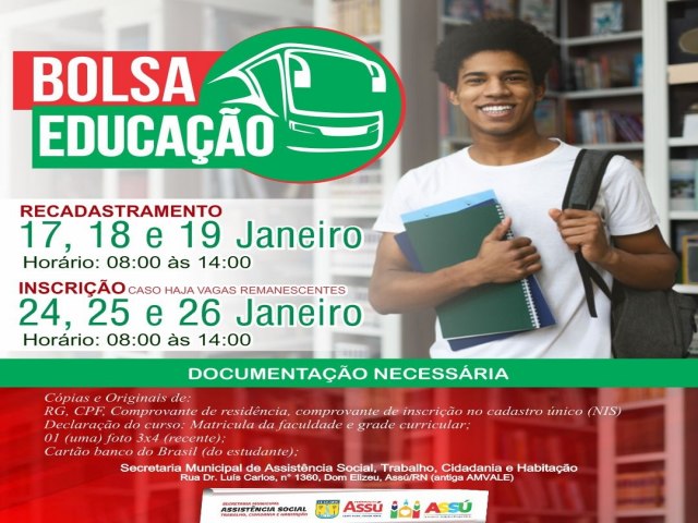 Fase de recadastramento e inscrio do programa Bolsa Educao 2023 comea dia 17 de janeiro 