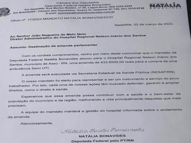 Deputada federal Natlia Bonavides destina emenda de mais de 433 mil para compra de ambulncia para o Hospital Regional de Ass 