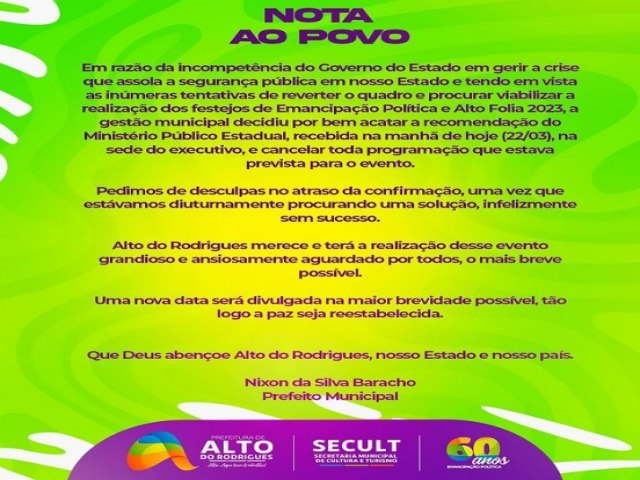 Em nota Prefeitura de Alto do Rodrigues anuncia cancelamento das festividades de emancipao poltica e Alto Folia 