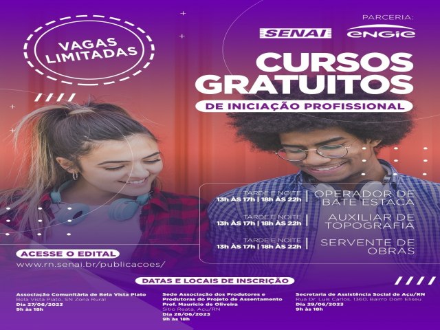 Ass: Senai/RN e Engie ofertaro trs cursos totalmente gratuitos de iniciao profissional