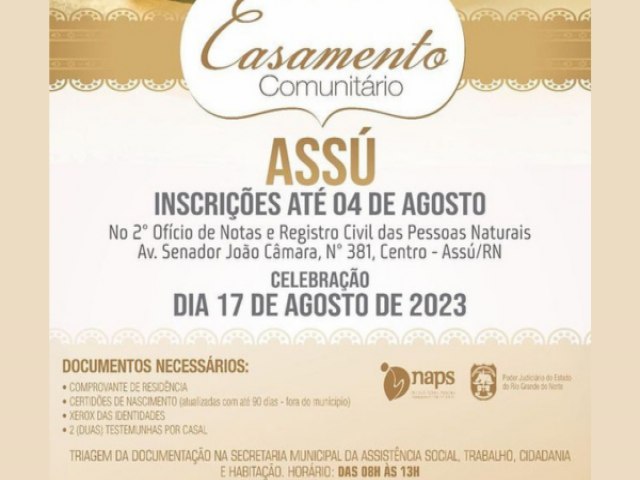 Inscries para casamento comunitrio em Ass podem ser feitas at dia 04 de agosto 