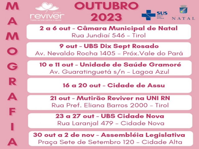 Outubro Rosa: Ass receber unidade mvel do Grupo Reviver a partir do dia 16 