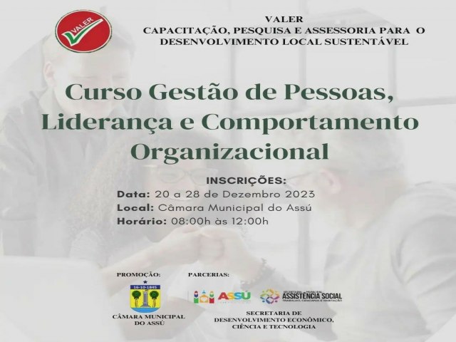 Curso gratuito realizado pela Valer e Cmara de Vereadores inscreve a partir do dia 20