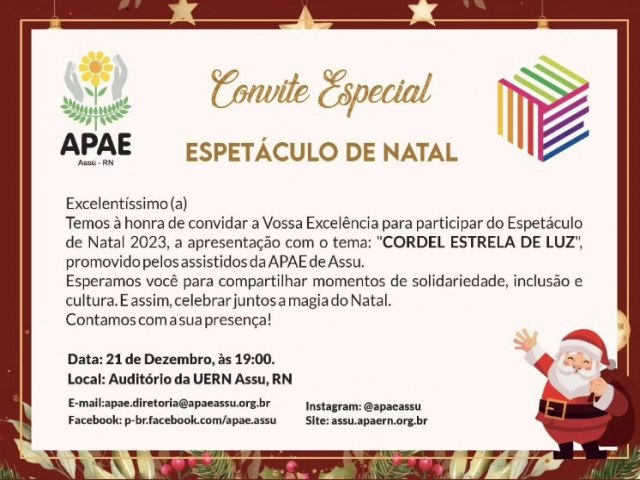 Espetculo de Natal da APAE de Ass acontece nesta quinta-feira no auditrio da UERN 