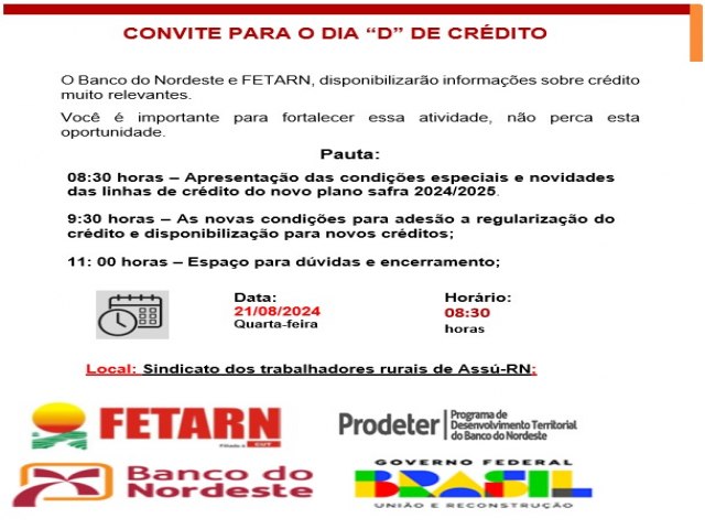 Dia D de Crdito: Evento do BNB em parceria com segmento sindical rural acontecer dia 21 de agosto em Ass