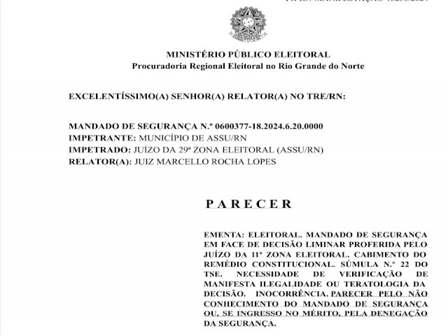 Procuradoria Regional Eleitoral emite parecer negando mandado de segurana no processo que suspendeu o cadastramento habitacional no municpio de Ass