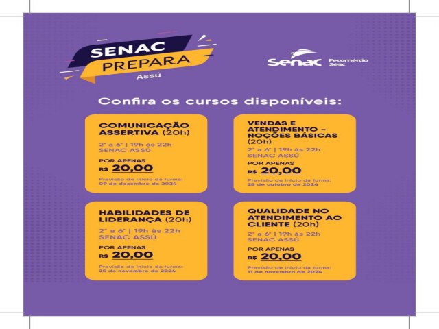 Senac Prepara: Programa concebido pelo Senac/RN ofertar quatro cursos na cidade de Ass