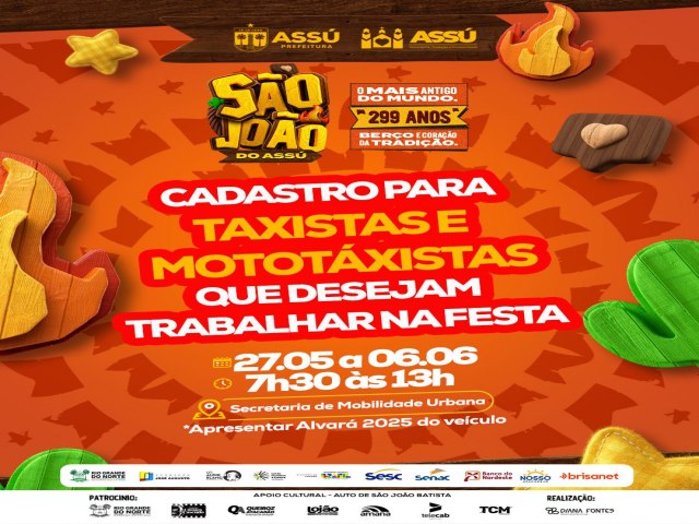 Cadastro de taxistas e mototaxistas para o S�o Jo�o de Ass� come�a dia 27 de maio