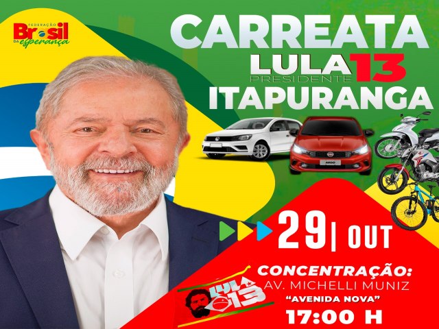 O PREFEITO  PAULINHO  IMILA DE ITAPURANGA  LIDER DO PT DE ITAPURANGA,  ESTA MOBILIZANDO  A POPULAO  PARA PARTICIPAR  DA CARRIATA  DA VITRIA  DO LULA .