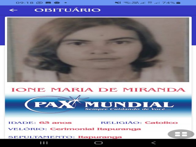 MORREU  AOS 63 ANOS DE IDADE,  IONE MARIA MIRANDA  EM ITAPURANGA